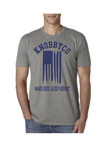 Mens Gray American Flag Mountain Bike T-shirt. Wake. Ride. Sleep. Repeat.