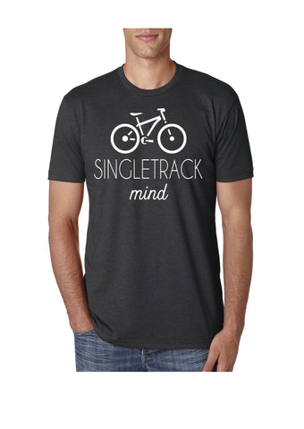 charcoal, single track mind, white print, mens t-shirt