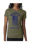 Women's Military Green American Flag Mountain Bike T-shirt. Wake. Ride. Sleep. Repeat.