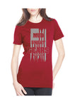 Women's Cardinal Red American Flag Mountain Bike T-shirt. MUD SWEAT AND GEARS