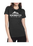 Antique Black KnobbyCo brand women's mountain bike t-shirt with mountains and tag line. Wake. Ride. Sleep. Repeat.