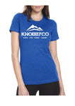 Royal Blue KnobbyCo brand women's mountain bike t-shirt with mountains and tag line. Wake. Ride. Sleep. Repeat.